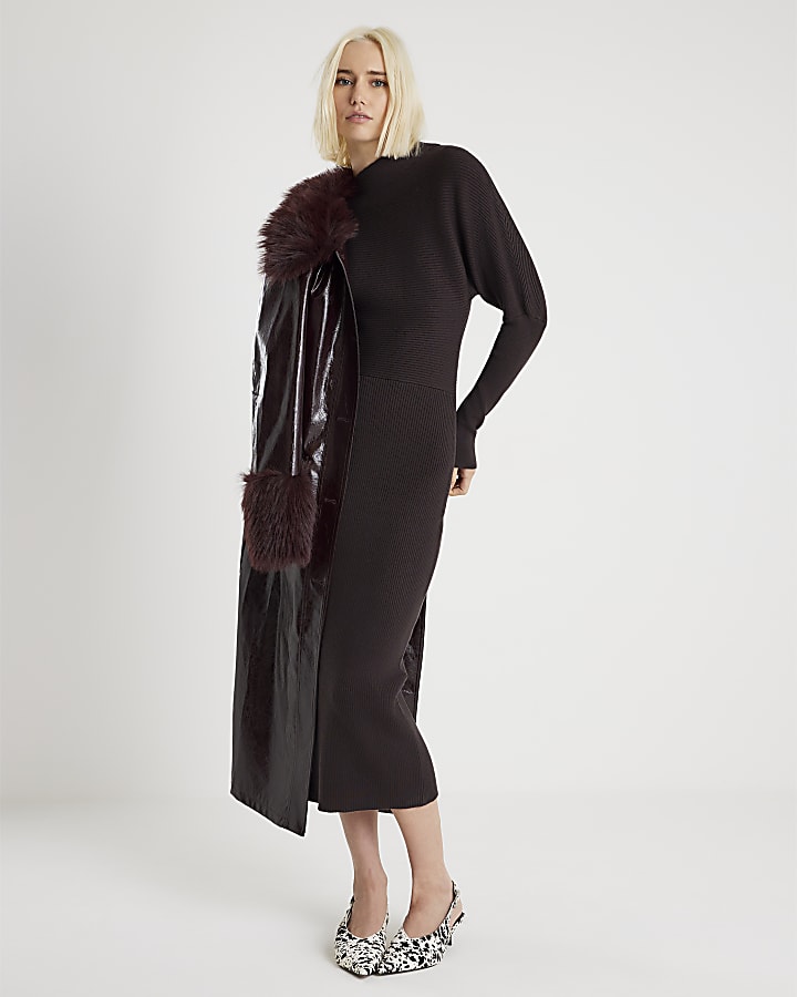 Brown Knitted Off Shoulder Midi Dress