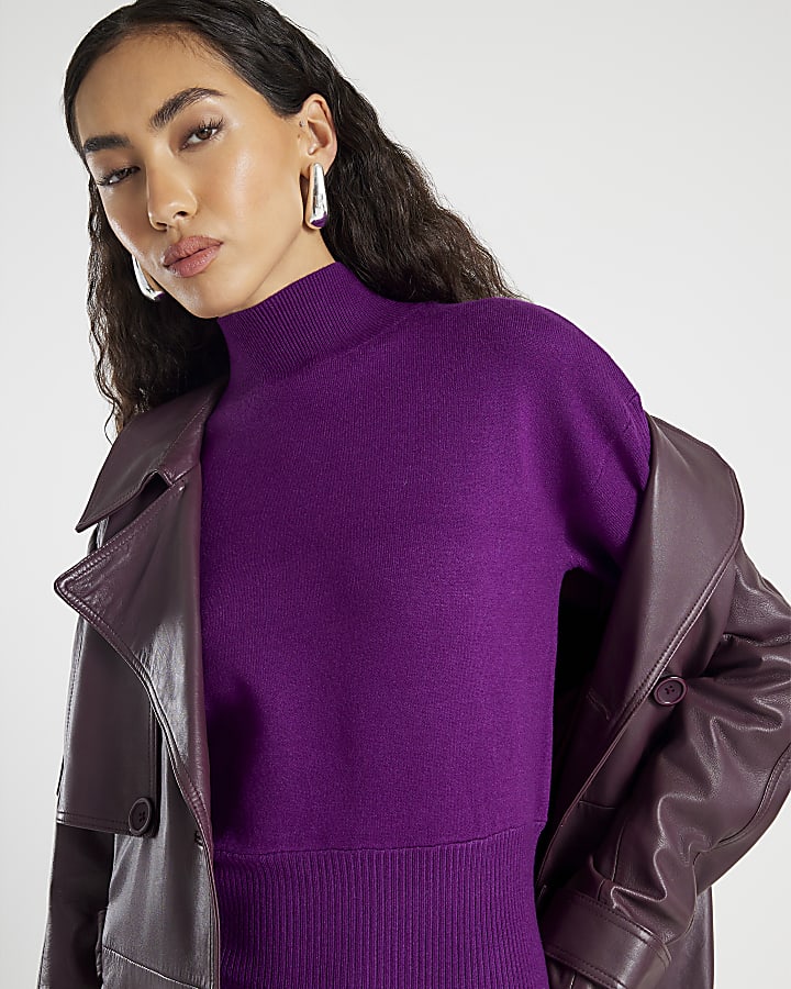 Purple Knit Fitted Waist Jumper Dress