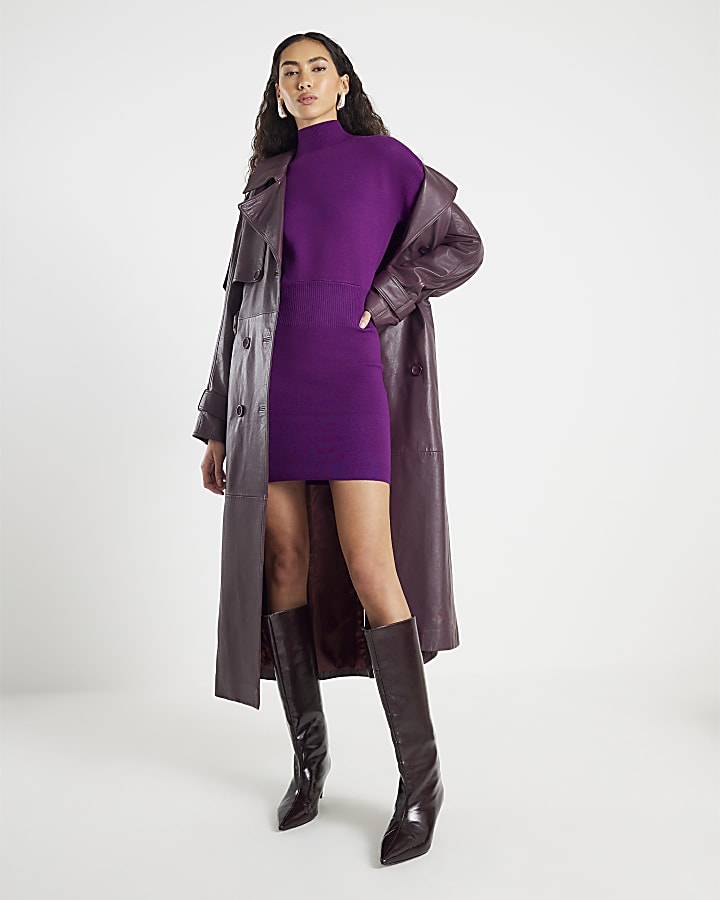 Purple Knit Fitted Waist Jumper Dress