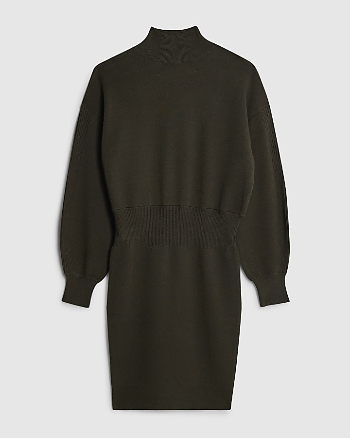 Khaki Knit Fitted Waist Jumper Dress