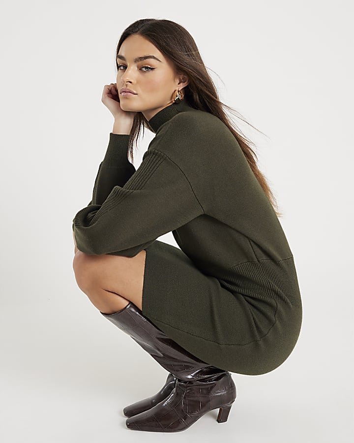Khaki Knit Fitted Waist Jumper Dress