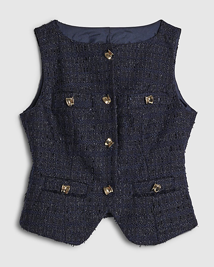 Navy Boucle Sleeveless Pocket Waistcoat