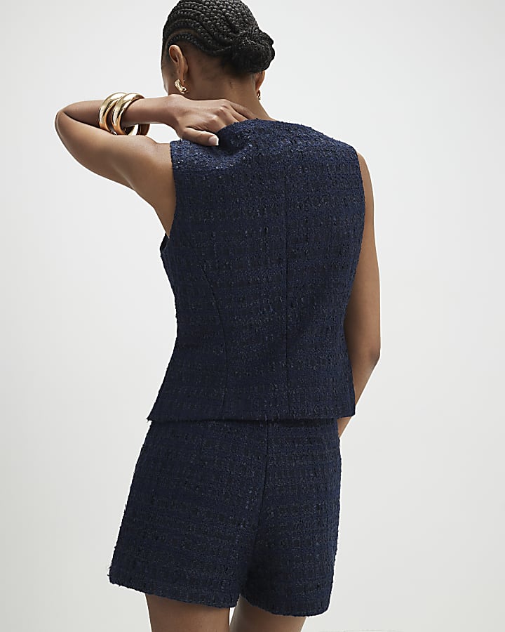 Navy Boucle Sleeveless Pocket Waistcoat