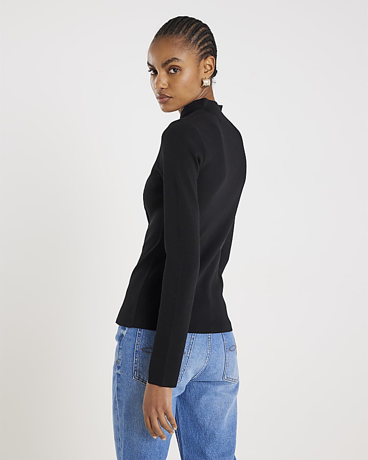 Black Knit Long Sleeve Cut Out Top
