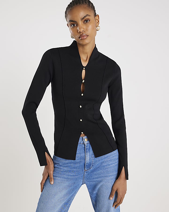 Black Knit Long Sleeve Cut Out Top