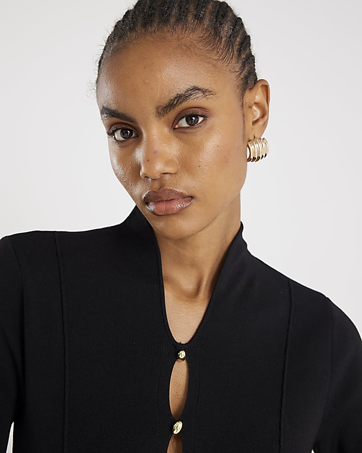 Black Knit Long Sleeve Cut Out Top