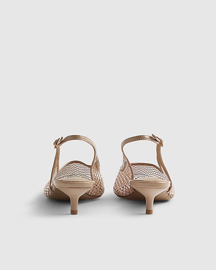 Beige Diamante Mesh Slingback Court Heels