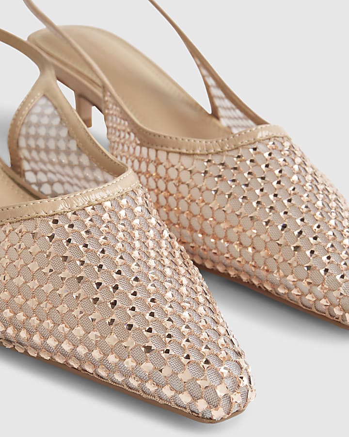 Beige Diamante Mesh Slingback Court Heels