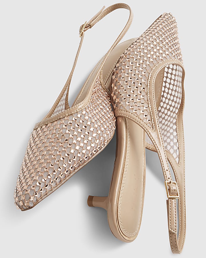 Beige Diamante Mesh Slingback Court Heels