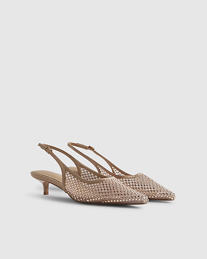 Beige Diamante Mesh Slingback Court Heels