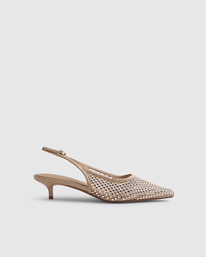 Beige Diamante Mesh Slingback Court Heels