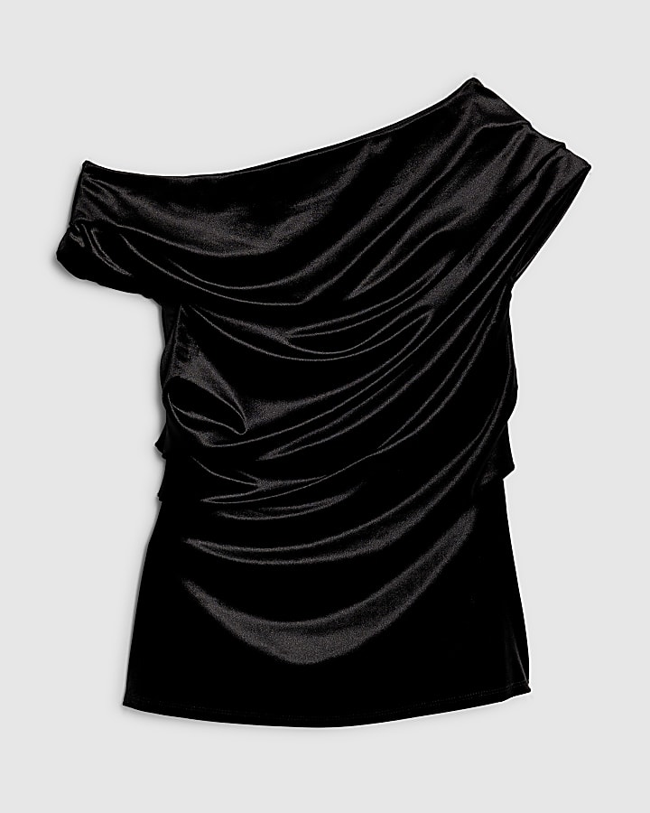 Black Velvet Short Sleeve Drape Top