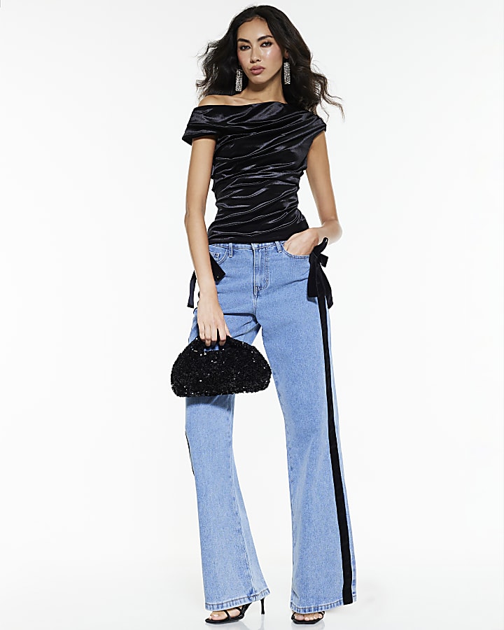 Black Velvet Short Sleeve Drape Top