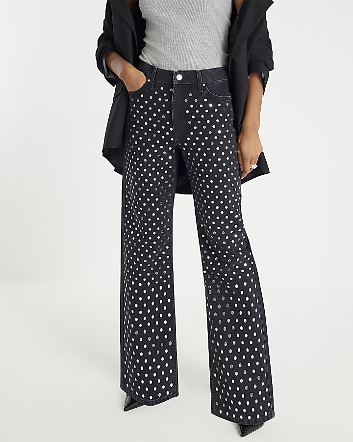 Black Mirror Studded Relaxed Straight Jeans