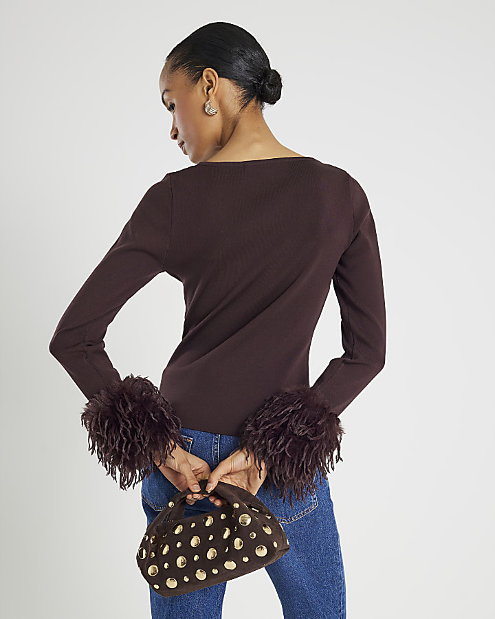 Brown Knit Slash Neck Feather Cuff Top
