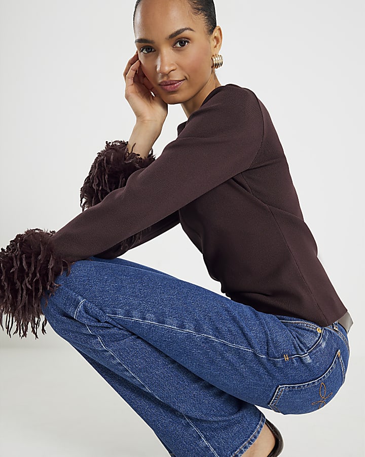 Brown Knit Slash Neck Feather Cuff Top