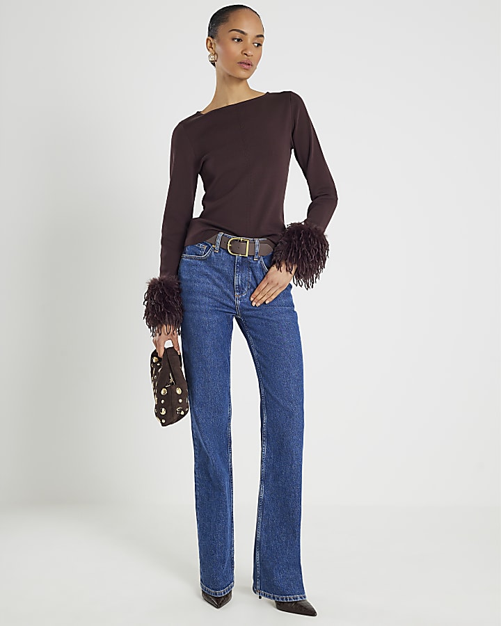 Brown Knit Slash Neck Feather Cuff Top