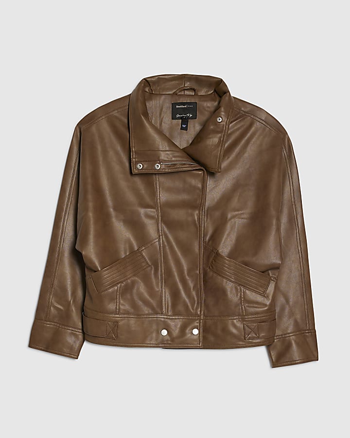 Brown Funnel Neck Distressed Bomber Jacket