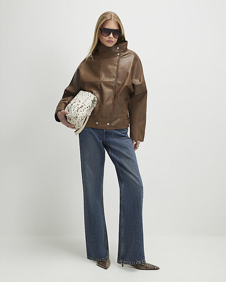 Brown Funnel Neck Distressed Bomber Jacket