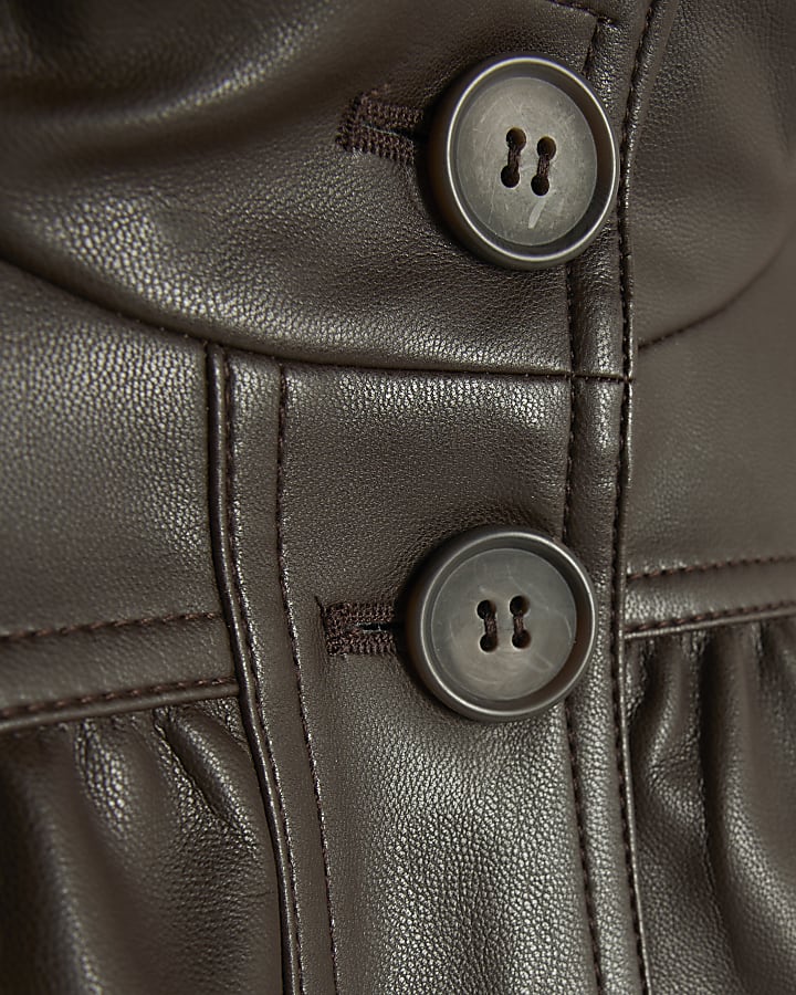 Brown Faux Leather Gathered Sleeve Jacket