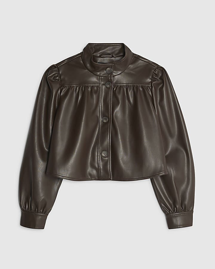 Brown Faux Leather Gathered Sleeve Jacket
