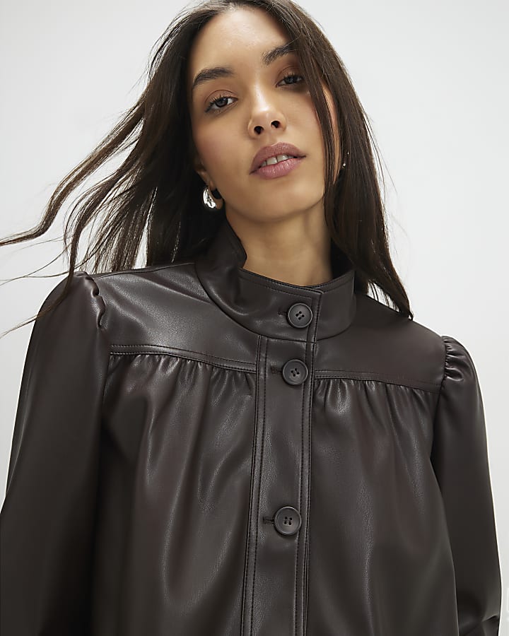 Brown Faux Leather Gathered Sleeve Jacket