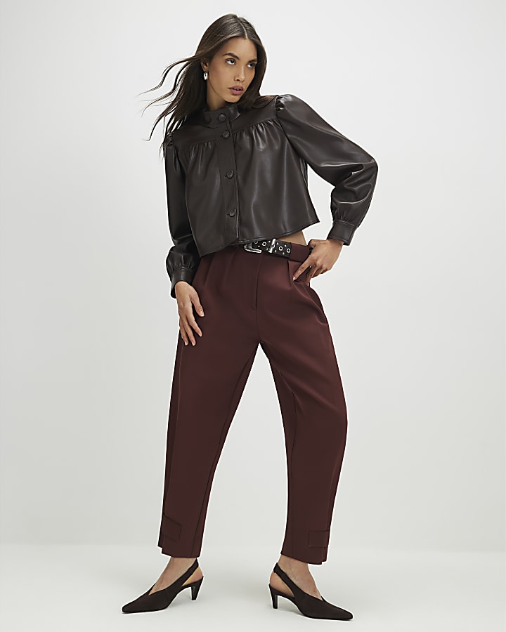 Brown Faux Leather Gathered Sleeve Jacket