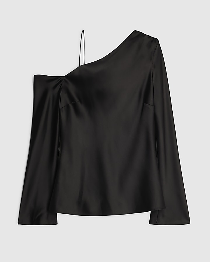 Black Satin One Shoulder Top