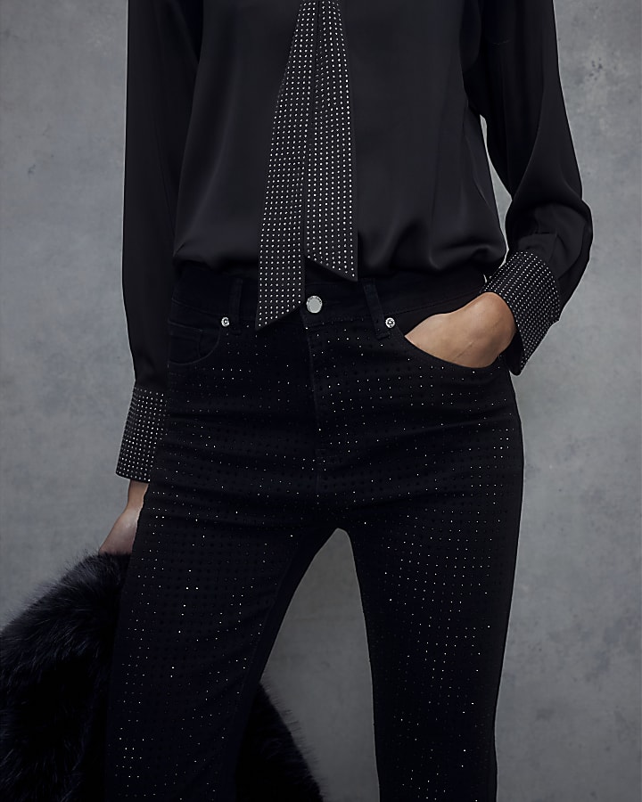 Black Diamante Stretch straight leg jeans