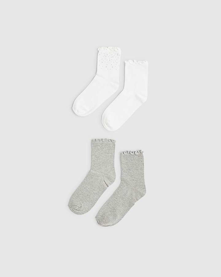 Cream Embellished Frill Pack of 2 Socks