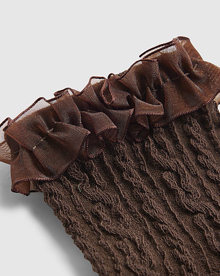 Brown Cable Knit Frill Socks