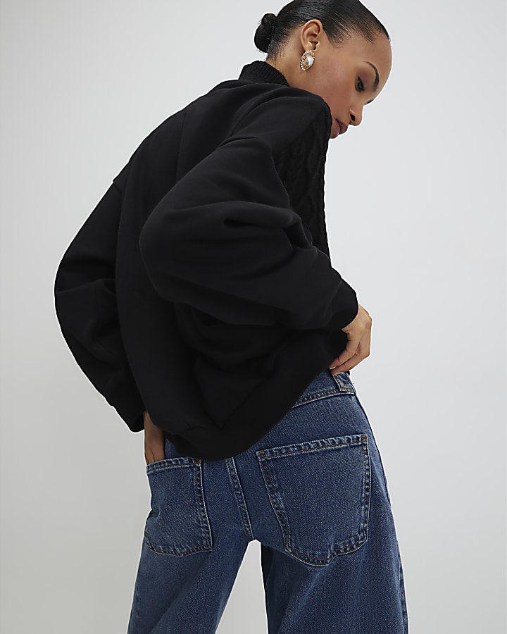 Black Knit Mix Roll Neck Sweatshirt