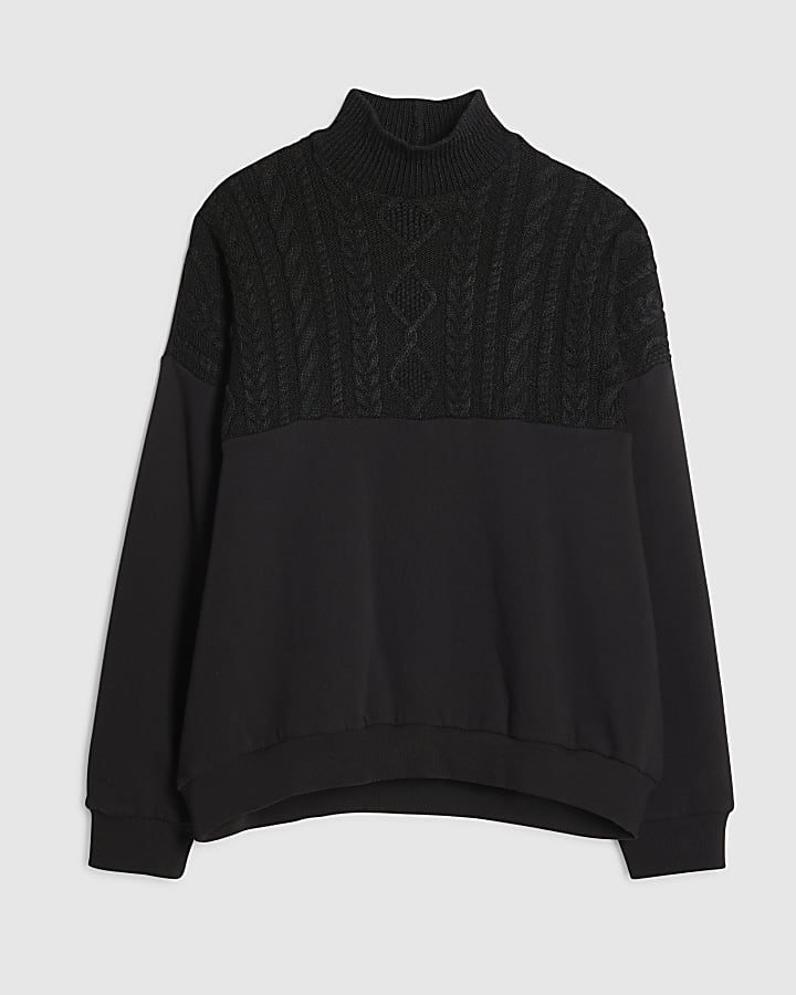Black Knit Mix Roll Neck Sweatshirt