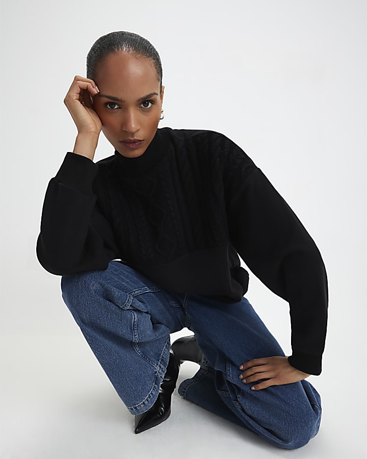Black Knit Mix Roll Neck Sweatshirt