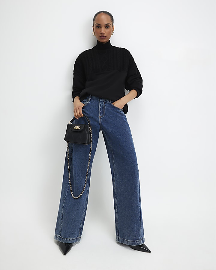 Black Knit Mix Roll Neck Sweatshirt