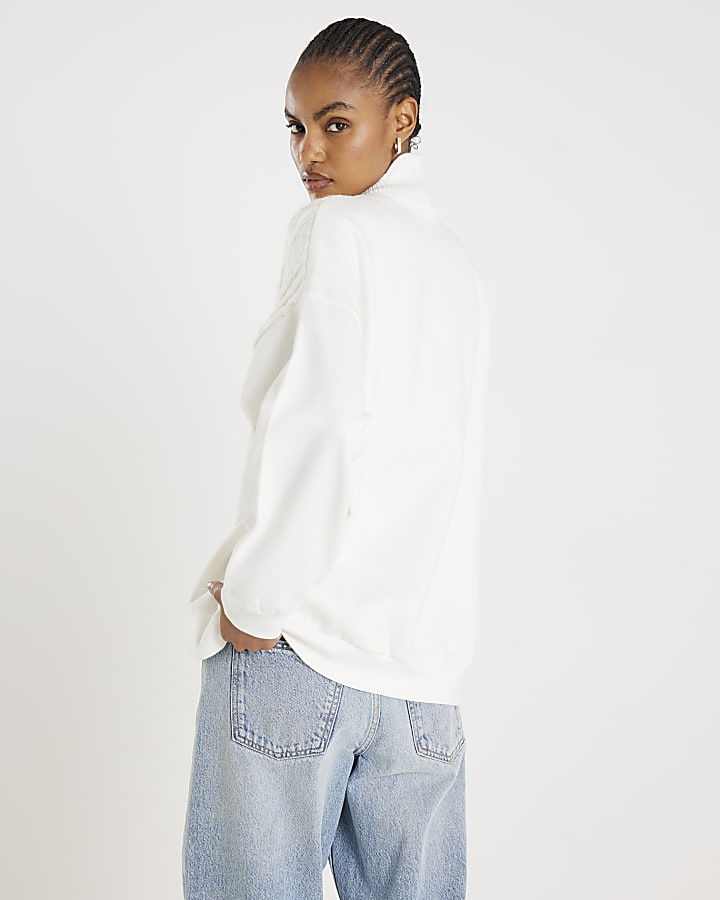 Cream Knit Mix Roll Neck Sweatshirt