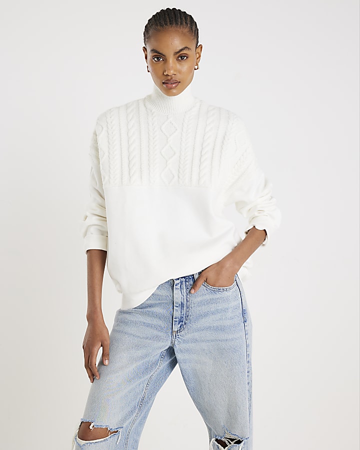 Cream Knit Mix Roll Neck Sweatshirt