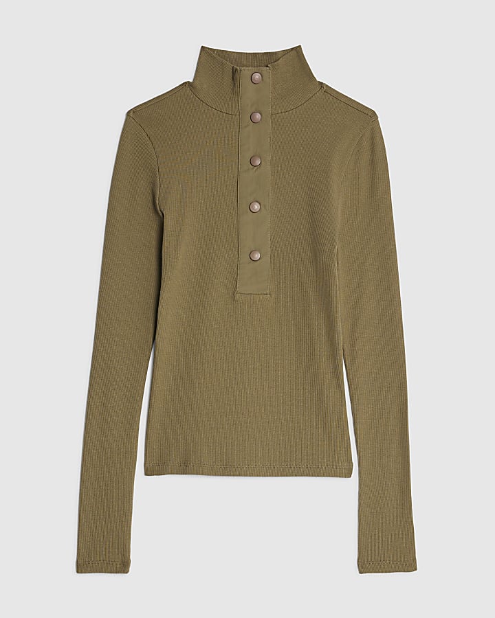 Green Long Sleeve Popper High Neck Top