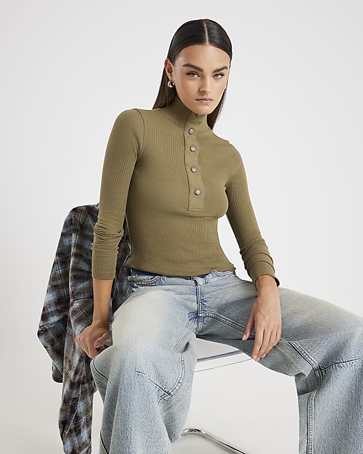 Green Long Sleeve Popper High Neck Top