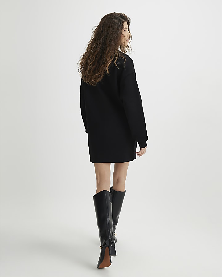 Black Knit Mix Roll Neck Jumper Dress