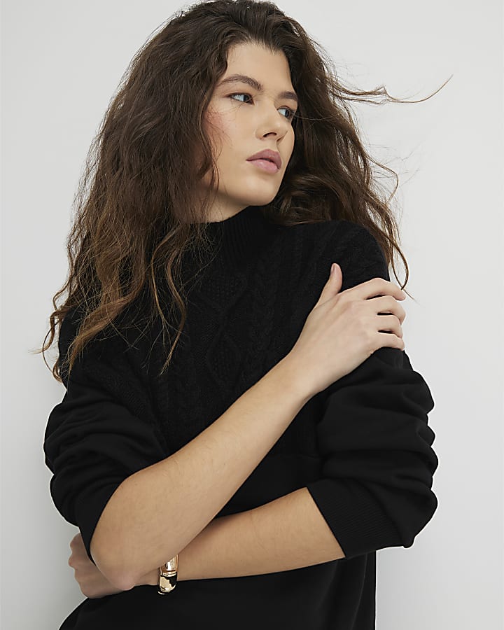 Black Knit Mix Roll Neck Jumper Dress