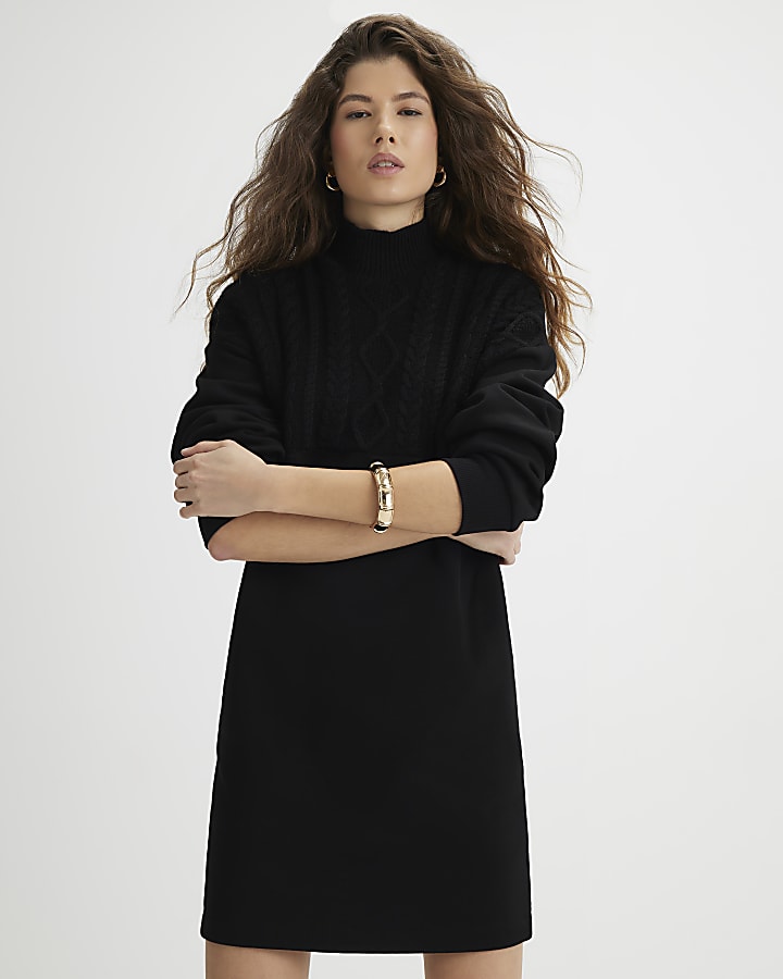 Black Knit Mix Roll Neck Jumper Dress