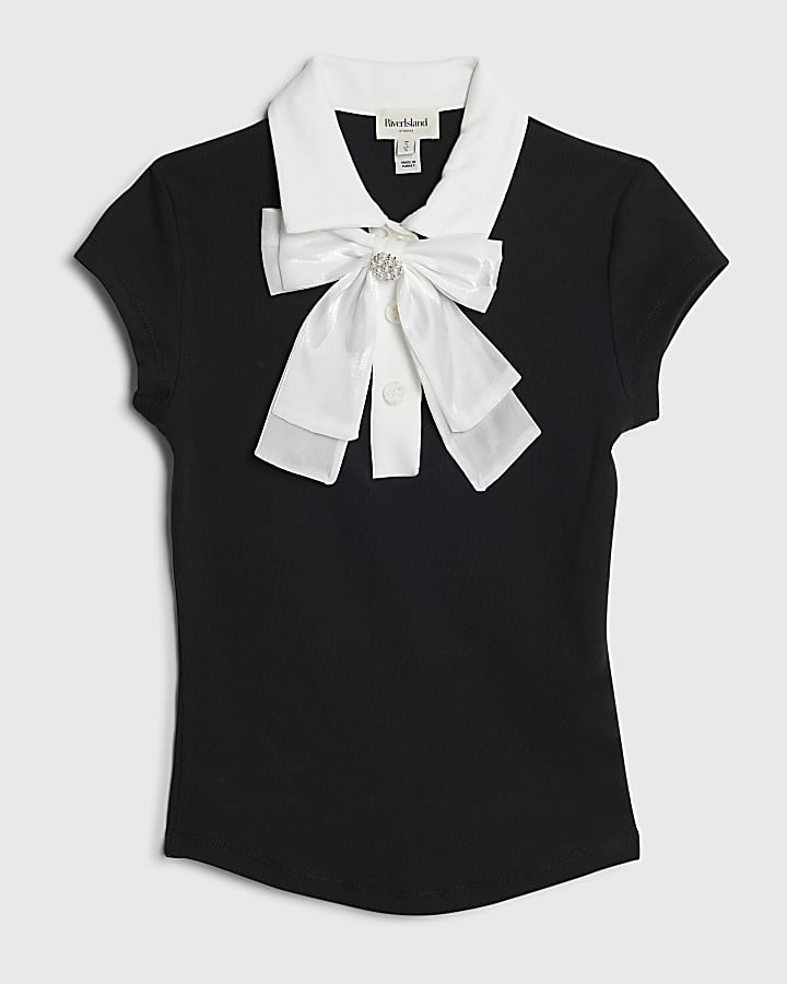 Black Short Sleeve Bow Neck Fitted Top