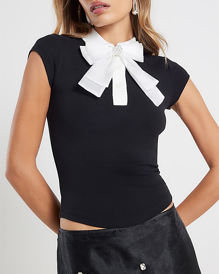 Black Short Sleeve Bow Neck Fitted Top