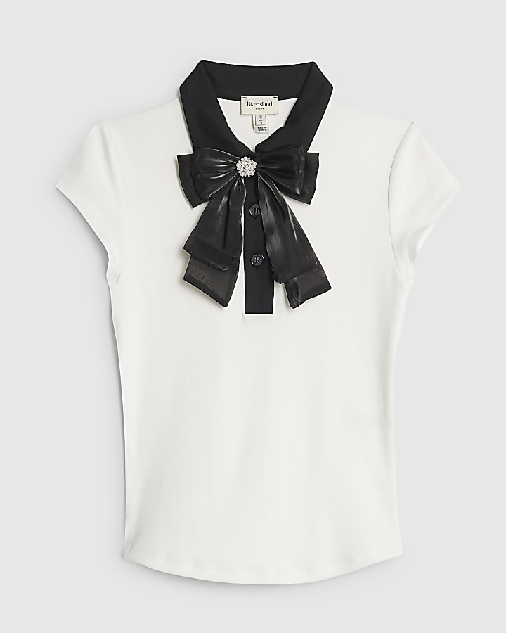 White Short Sleeve Bow Neck Fitted Top