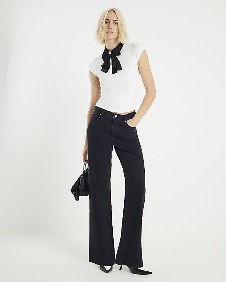 White Short Sleeve Bow Neck Fitted Top