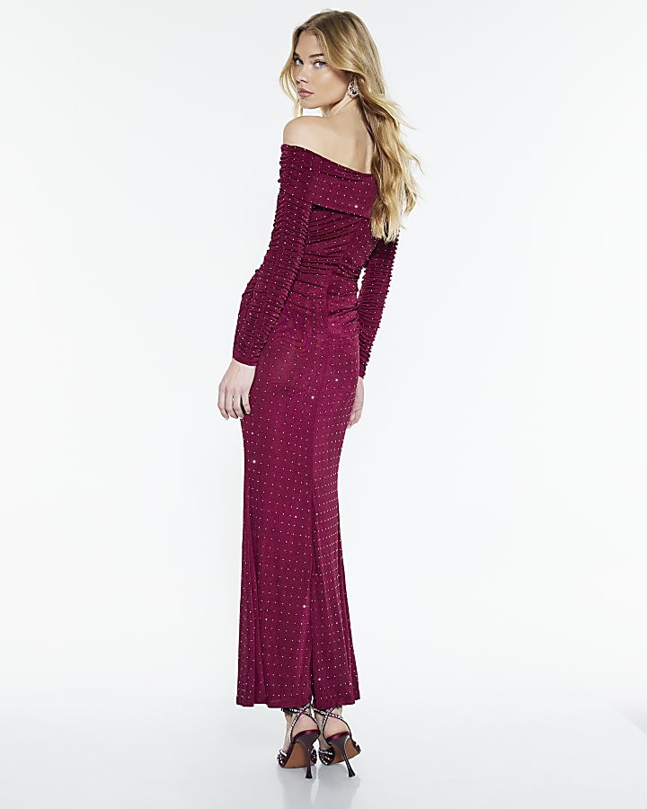 Red Brooch Embellished Bardot Maxi Dress