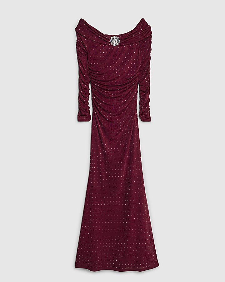Red Brooch Embellished Bardot Maxi Dress