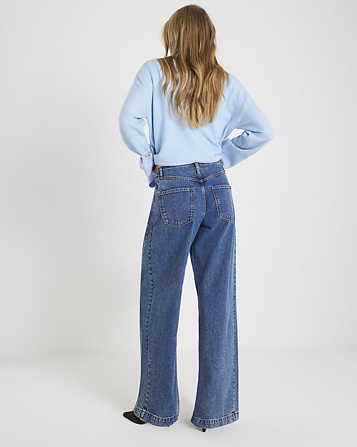 Blue High Rise Seamed Wide Leg Jeans
