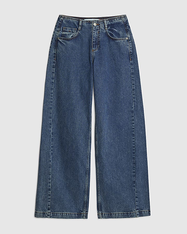 Blue High Rise Seamed Wide Leg Jeans